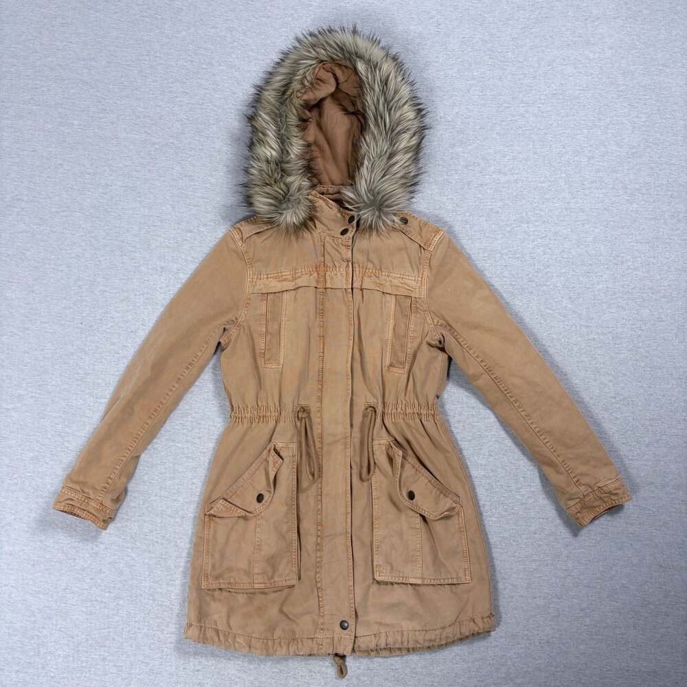 American Eagle Outfitters Women's Tan Cotton Faux Fur Lined Utility Parka Jacket
